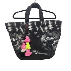 Canvas Shoulder Tote Bag Spring Summer Boho Beach Vacation Tassels Black Tie Dye